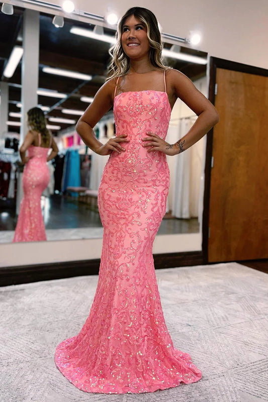 Blush Sequins Square Neck Embroidery Spaghetti Straps Mermaid Prom Dress