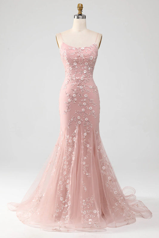 Mermiad Blush Appliques Spaghetti Straps Tulle Slim-fit Prom Dress
