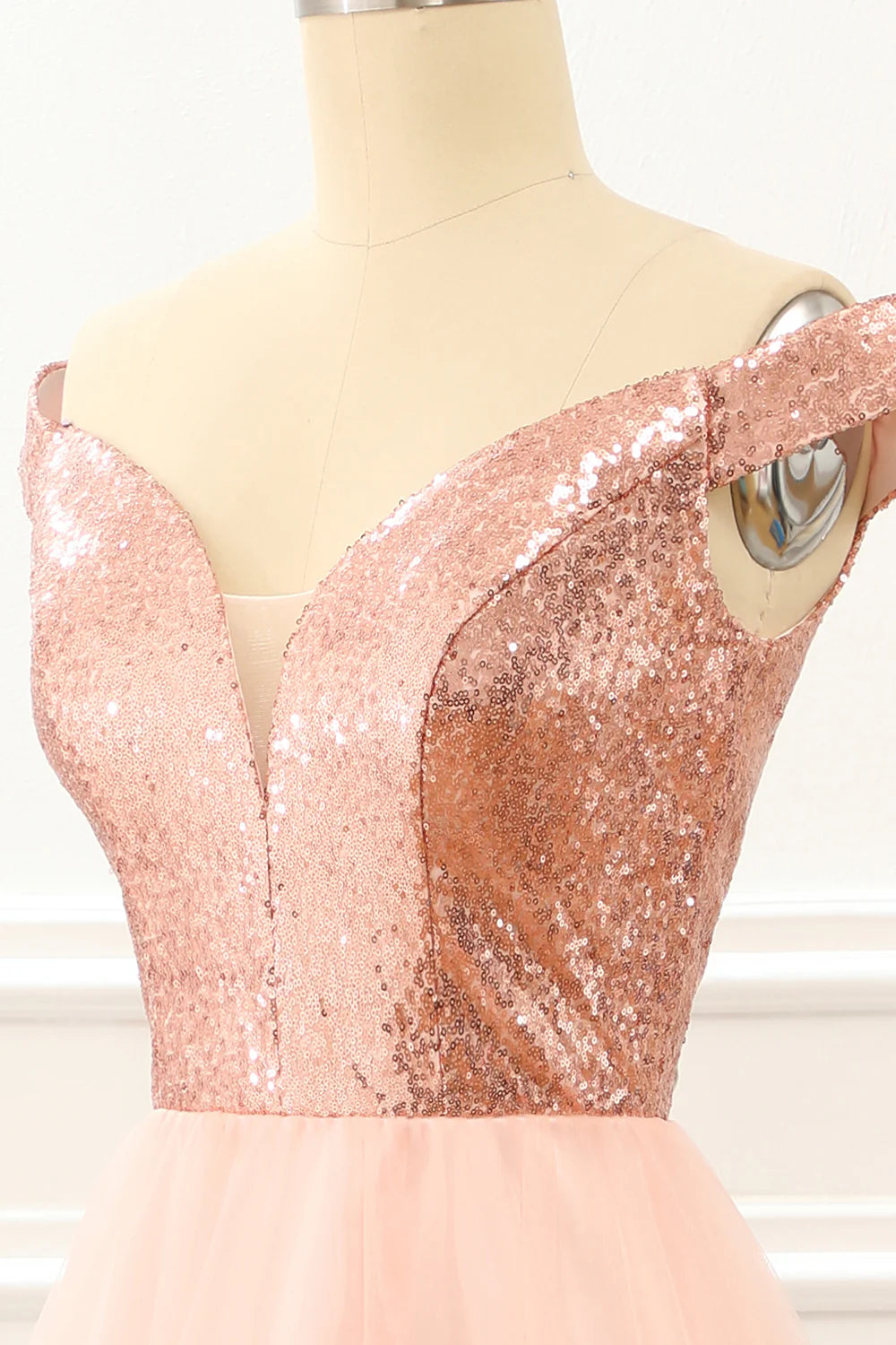 Blush A-Line Off-the-Shoulder V-Neck Tulle Sequins Prom Dress
