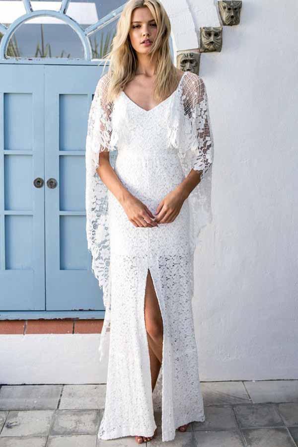 Sheath Scoop Backless Lace Wedding Dress with Split Wraps