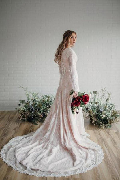 Sheer Long Sleeves Lace Modest Bride Dress Wedding Gown