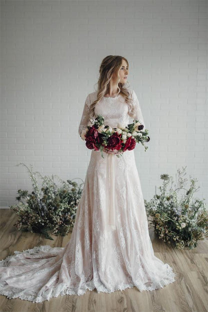 Sheer Long Sleeves Lace Modest Bride Dress Wedding Gown