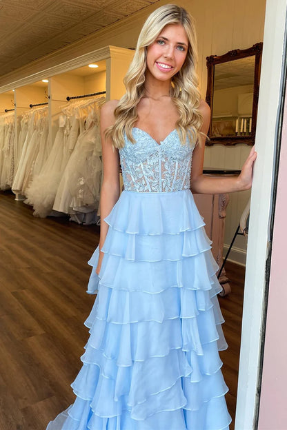 Chiffon Sweetheart Ruffle Tiered Long Prom Dress