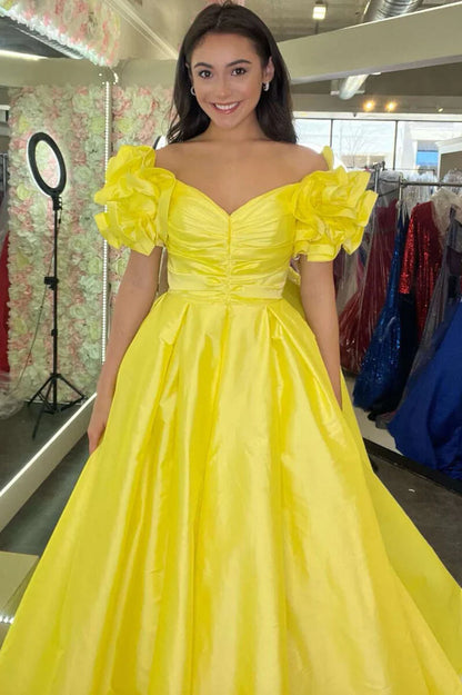 A-Line  Off-the-Shoulder Ruffled Sleeve Prom Gown