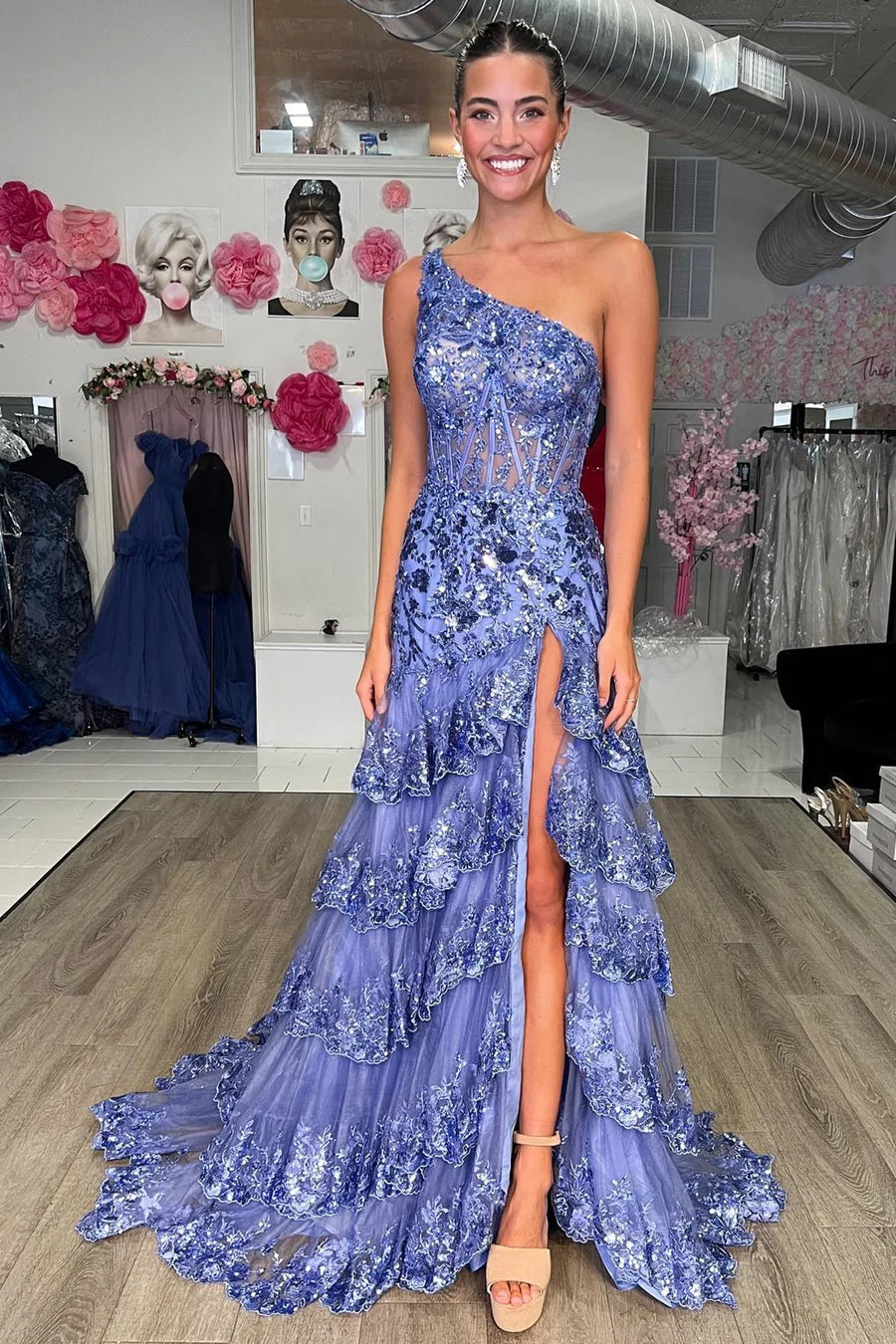 One-Shoulder Sequin-Embroidery Tiered Long Prom Dress with Slit