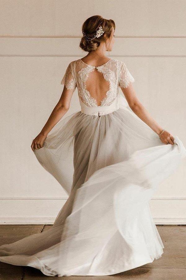 Short Sleeve Lace and Tulle Silver Wedding Dresses with Sash