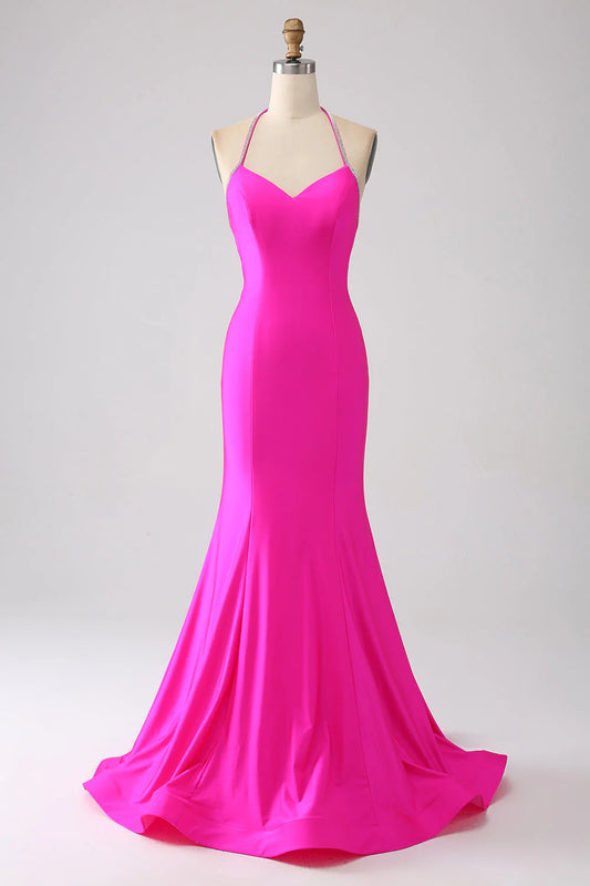 Fuchsia Mermaid V-Neck Halter Neck Backless Slim-fit Long Prom Dress