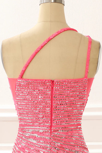 One Shoulder Hot Pink Sparkly Sequin Wrap The Buttocks Long Prom Dress with Slit