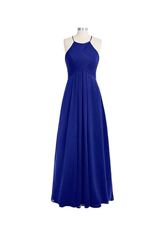 Simple A-line O-back Long Chiffon Halter Bridesmaid Dresses