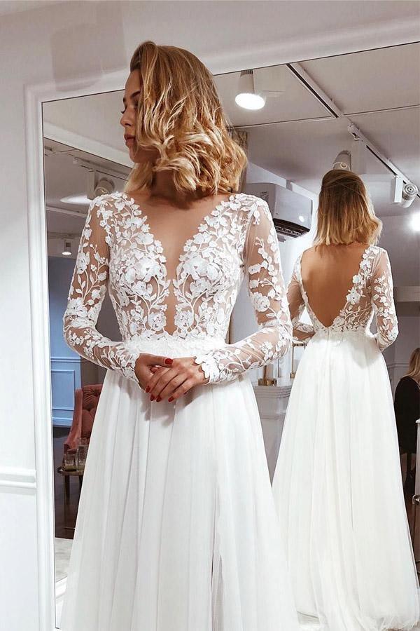 Simple A Line V Neck Ivory Lace Long Sleeves Split Wedding Dresses