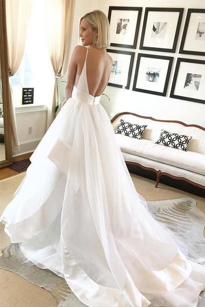 Simple A-line V Neck Straps Ivory Long Wedding Dress with Backless