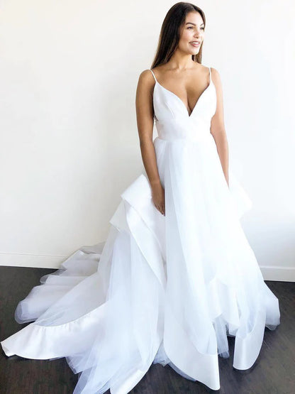 Simple A-line V Neck Straps Ivory Long Wedding Dress with Backless