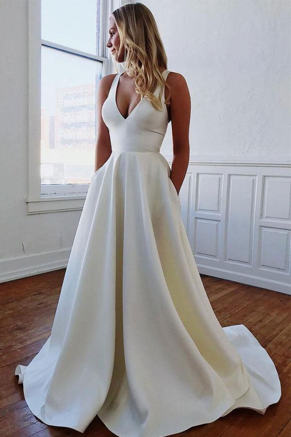 Simple Ivory Satin V Neck Wedding Dress With Bow-knot