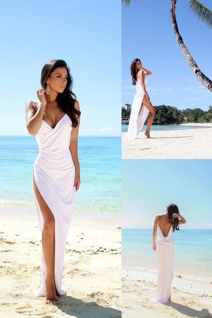 Simple Sexy Open Back Beach Side Slit Spaghetti Straps Wedding Dresses