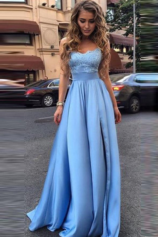 Satin Sweep/Brush Train Dresses Strapless Sweetheart Long Pleated Prom Dresses With Slit