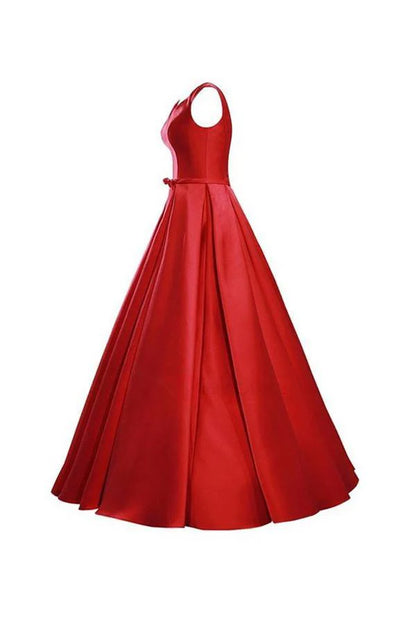 Simple V-Neck Bowknot Lace-Up Red Prom Dress Bridesmaid Dress