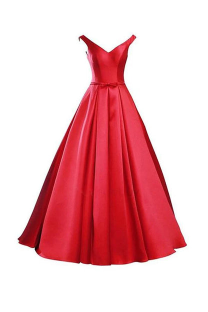 Simple V-Neck Bowknot Lace-Up Red Prom Dress Bridesmaid Dress