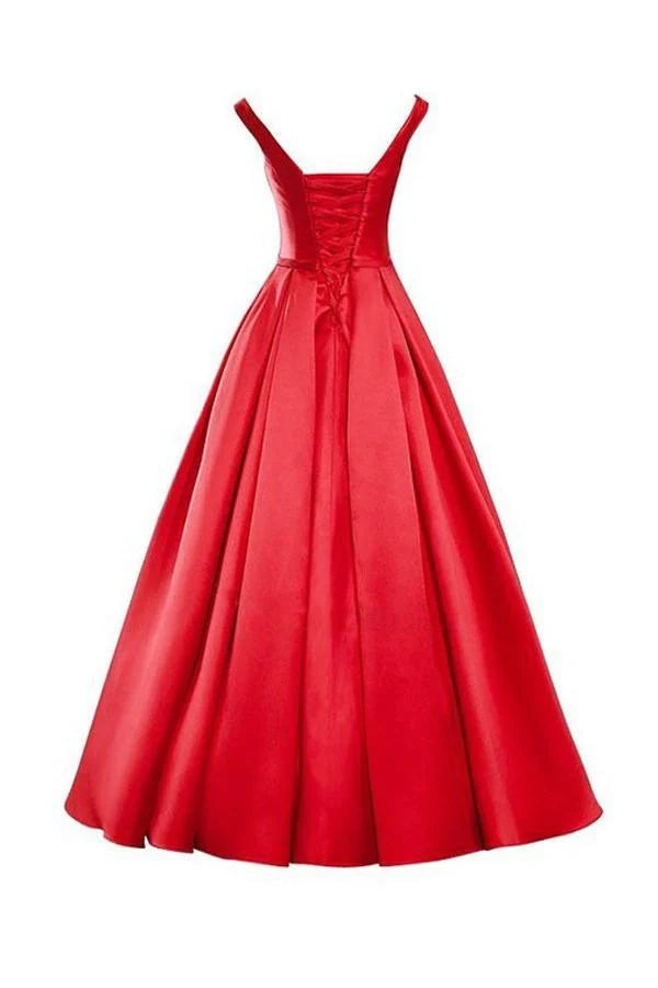 Simple V-Neck Bowknot Lace-Up Red Prom Dress Bridesmaid Dress