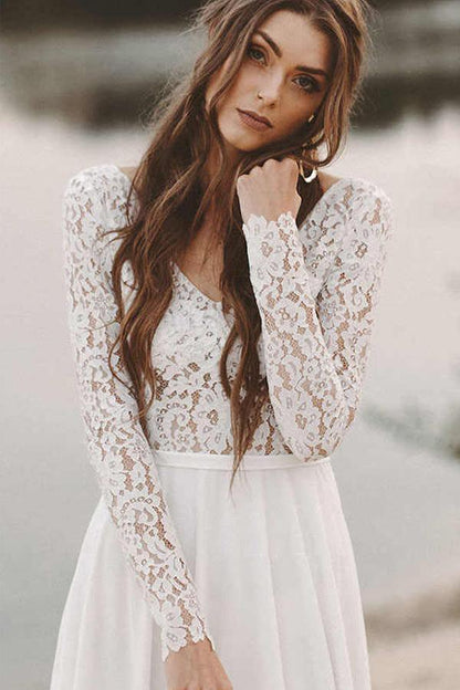 Simple V Neck Open Back Long Sleeves Lace Beach Wedding Dresses