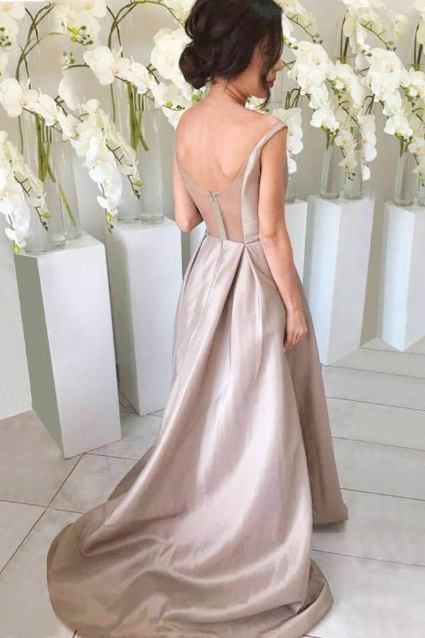 Simple V-neck Sleeveless High Low Sweep Train Silver Bridesmaid Dress