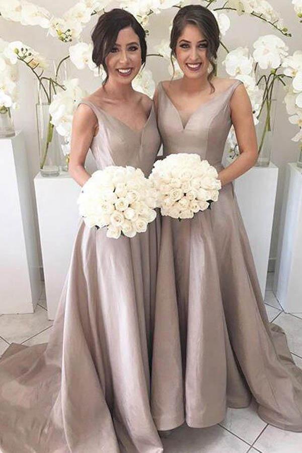 Simple V-neck Sleeveless High Low Sweep Train Silver Bridesmaid Dress