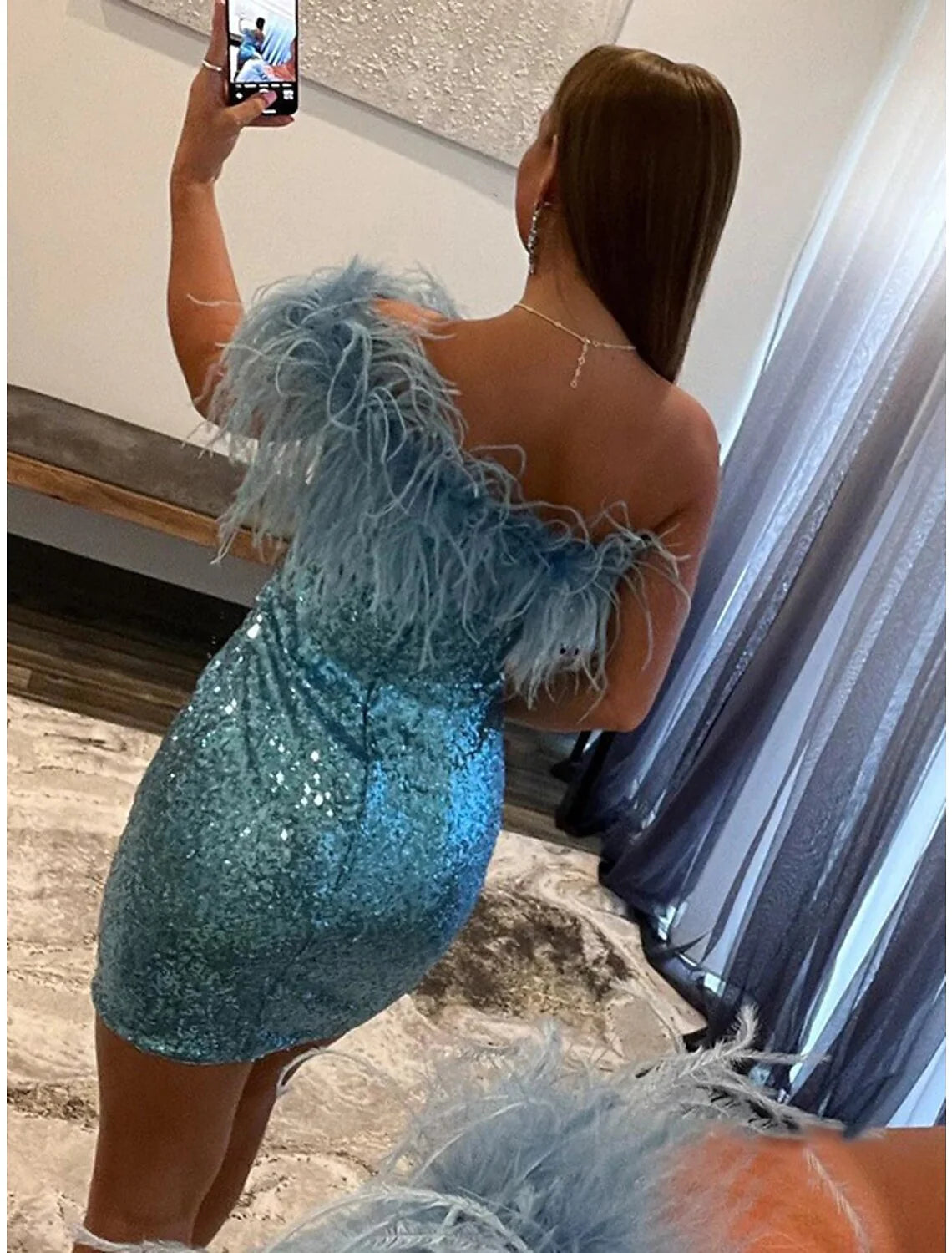 Mermaid / Trumpet Cocktail Dresses Party Dress Homecoming Short / Mini Sleeveless One Shoulder Sequined with Feather Sequin