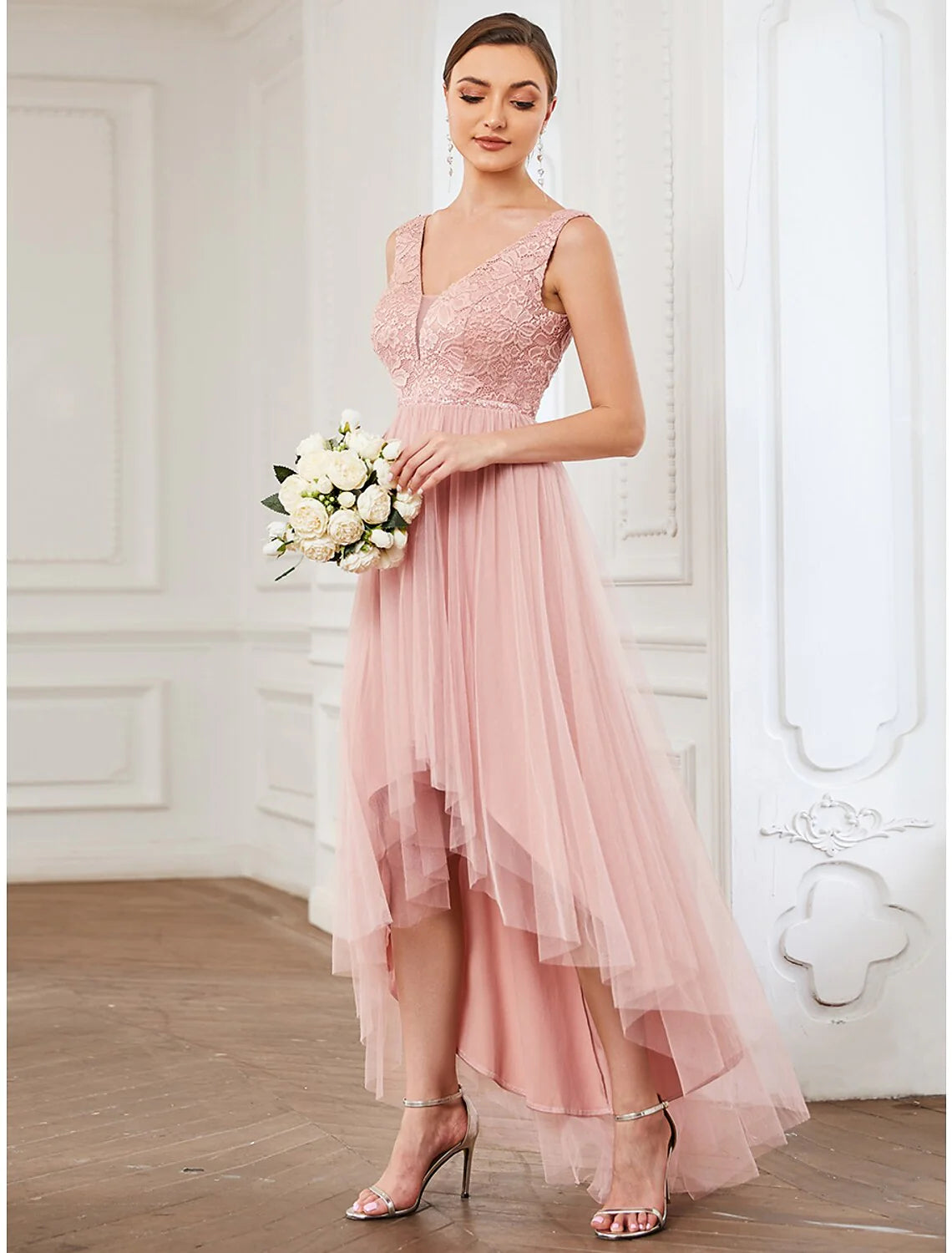 A-Line Bridesmaid Dress V Neck Sleeveless Elegant Short / Mini Lace / Tulle with Asymmetric Draping / Ruching