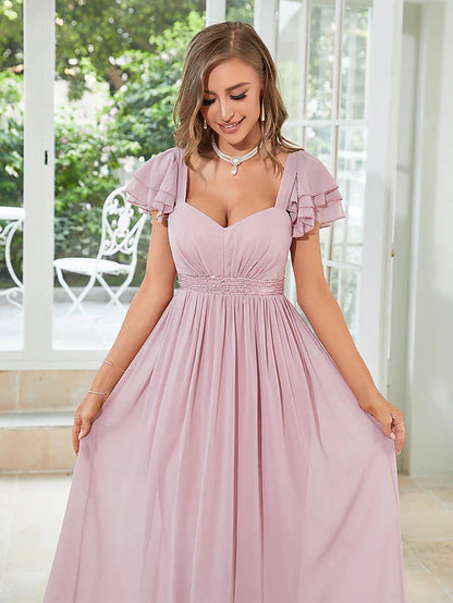 A-Line Wedding Guest Dresses Elegant Dress Party Wear Floor Length Short Sleeve Square Neck Chiffon with Ruffles