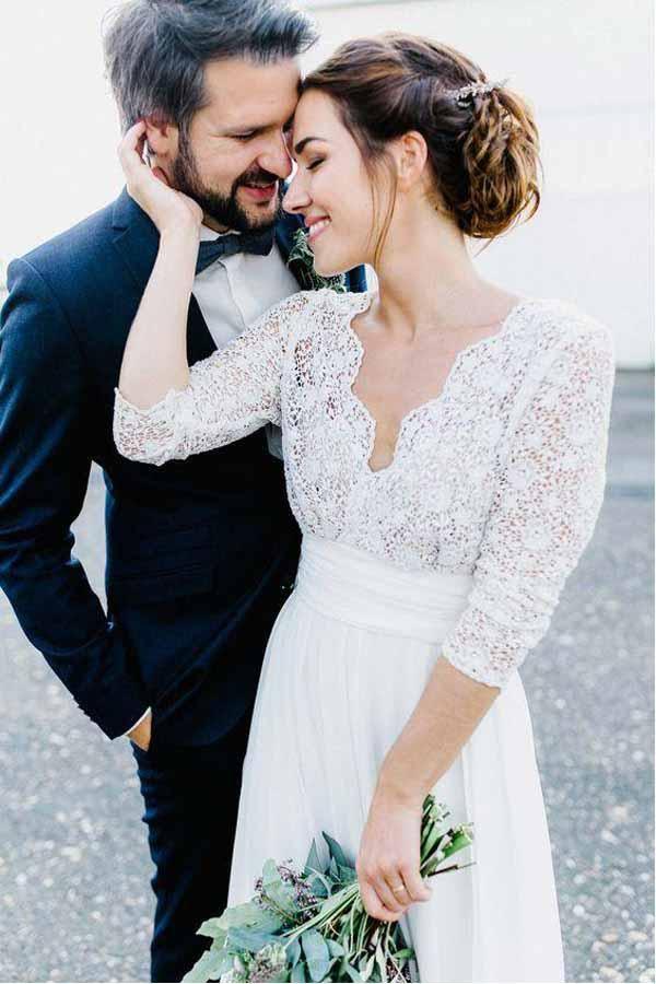 Sleeve See Through Backless Lace Chiffon Wedding Dresses