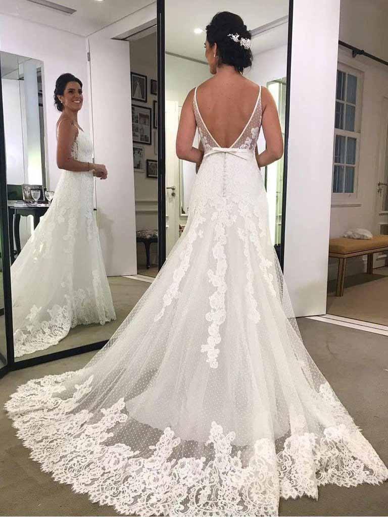 Spaghetti Strap Printed Backless Lace Beach Wedding Dresses with Sash