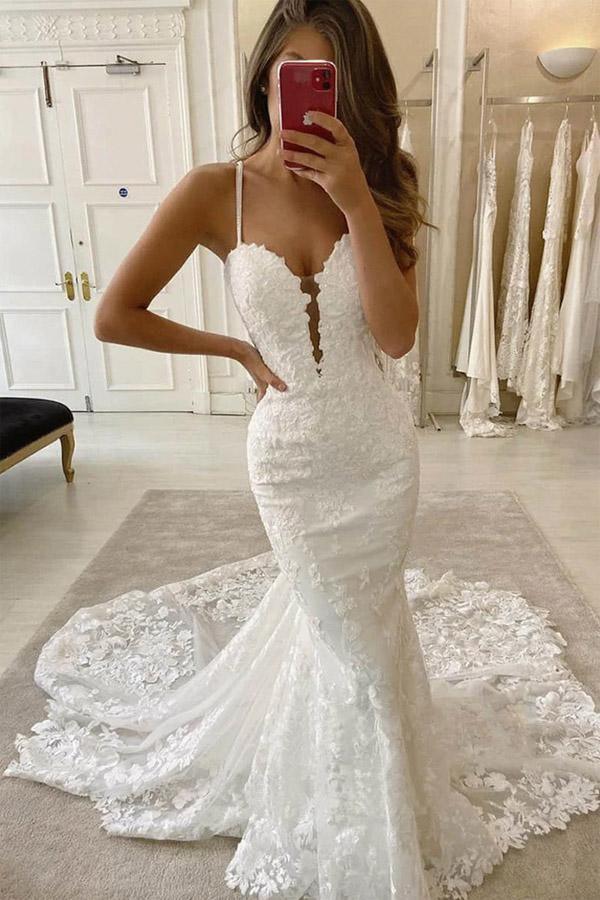 Spaghetti Straps Deep V Neck Mermaid Sweep Train Wedding Dress