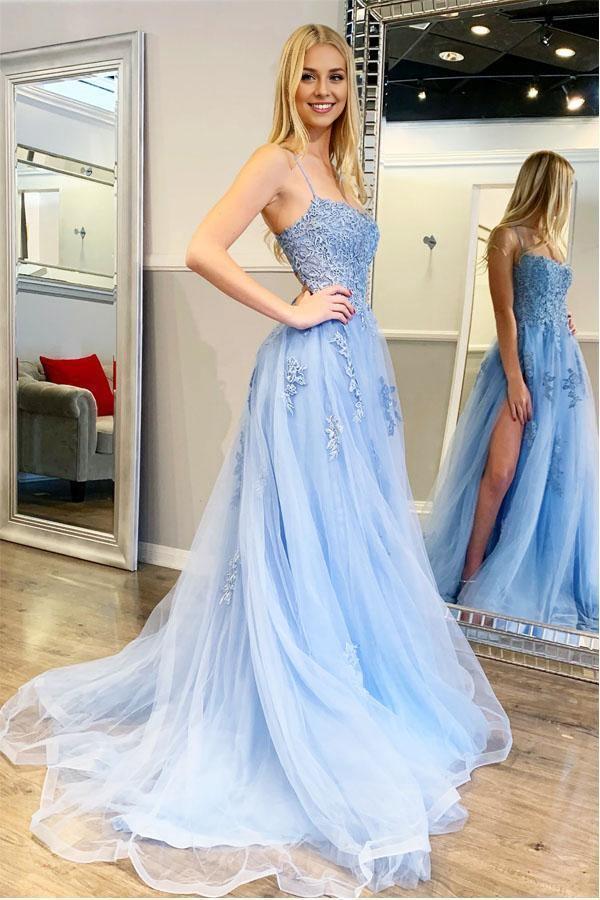 A-Line Sweep/Brush Train Dresses Spaghetti Straps Tulle Prom Dress with Appliques