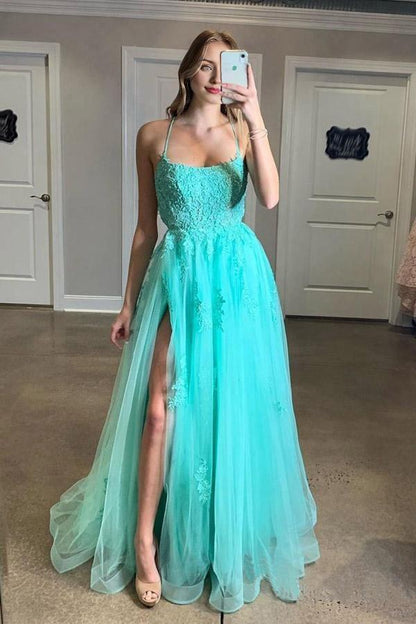 A-Line Sweep/Brush Train Dresses Spaghetti Straps Tulle Prom Dress with Appliques