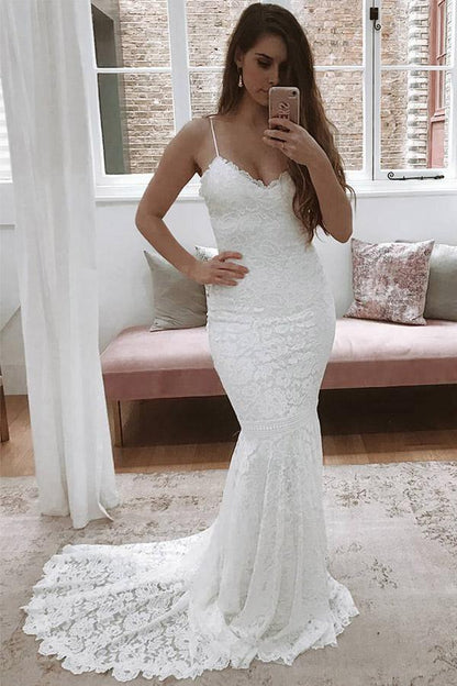 Spaghetti Straps Mermaid All Over Lace Wedding Dress