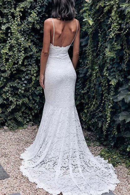 Spaghetti Straps Mermaid All Over Lace Wedding Dress