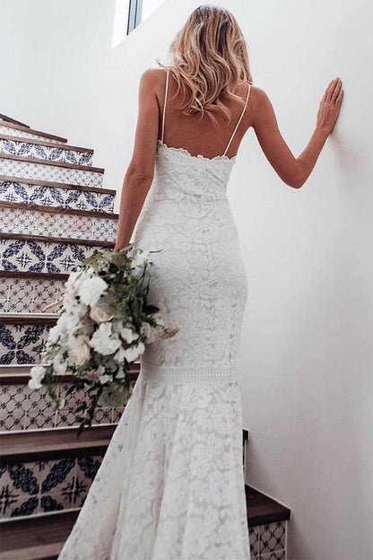 Spaghetti Straps Mermaid All Over Lace Wedding Dress