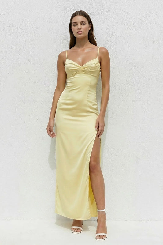 Chic Satin Sweetheart-Strap Open-Back Long Side-Slit Cocktail Dress