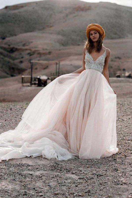 Sparkle Beading A-line V-neck Wedding Dresses Backless Bridal Gowns