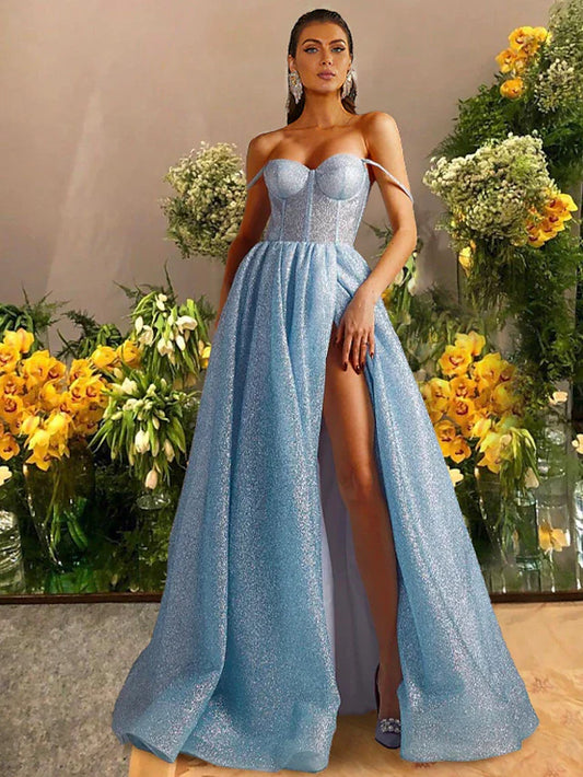 A-Line Prom Dresses Sparkle & Shine Dress Prom Floor Length Sleeveless Sweetheart Tulle with Glitter Pleats Slit