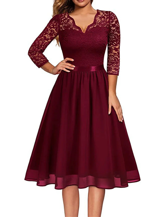 Party Dress Lace Dress Cocktail Dress Midi Dress Wine Half Sleeve Pure Color Lace Spring Fall Winter V Neck Elegant Wedding Guest Birthday