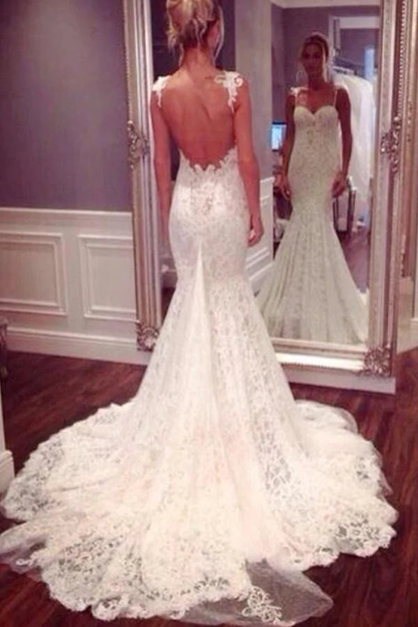 Strap Sweetheart Backless Mermaid Lace Wedding Dress Ball Gown