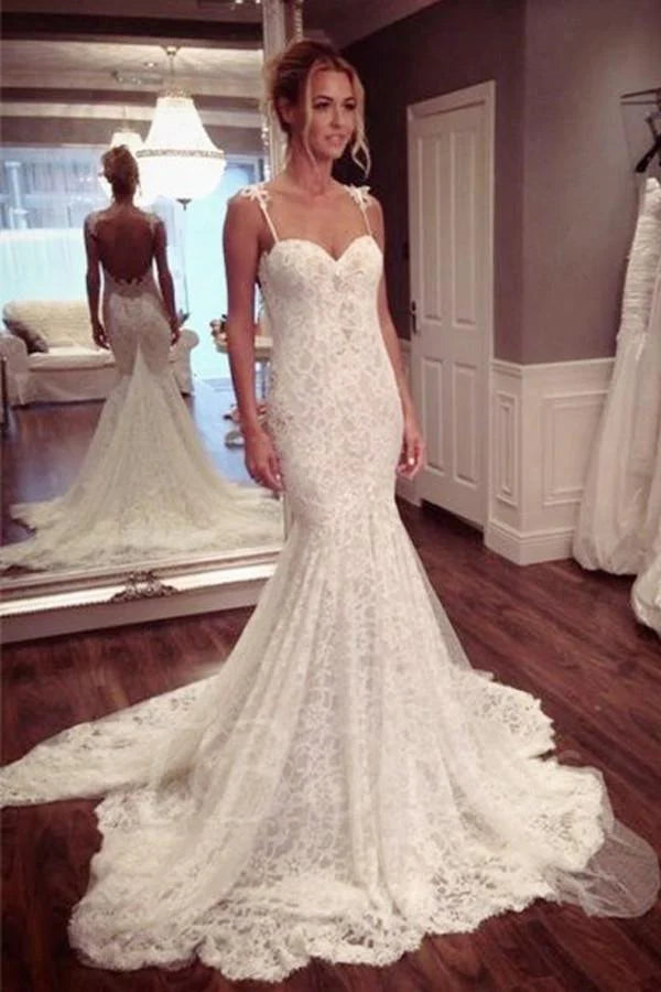 Strap Sweetheart Backless Mermaid Lace Wedding Dress Ball Gown