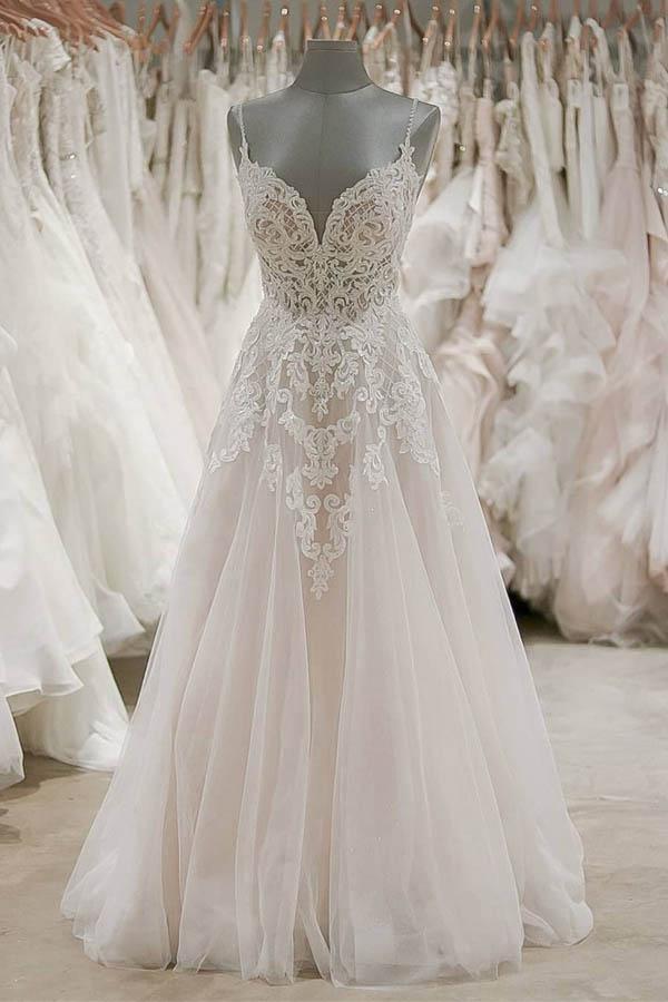 Strap V Neck Beach Wedding Dresses Backless Ivory Tulle Wedding Dress