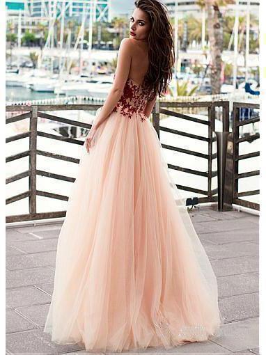 A Line Strapless Blush Prom Dresses Lace Appliqued Tulle Formal Evening Dress