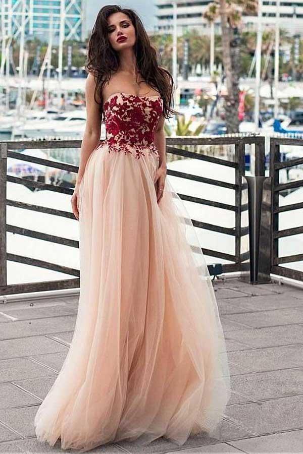 A Line Strapless Blush Prom Dresses Lace Appliqued Tulle Formal Evening Dress