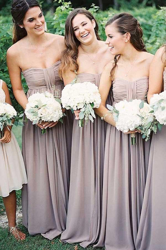 Strapless Floor-Length Grey Chiffon Bridesmaid Dress with Ruched