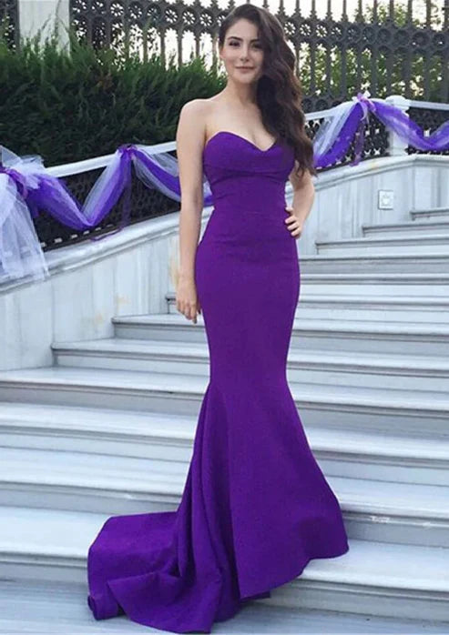 Strapless Mermaid Purple Satin Sweep Bridesmaid Dress Evening Gown Party Dresses Wedding Guest Dresses