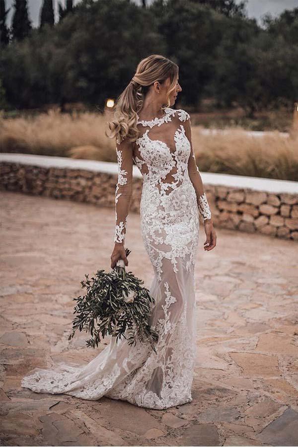 Stunning Lace Appliques See Though Mermaid Rustic Wedding with Sleeves