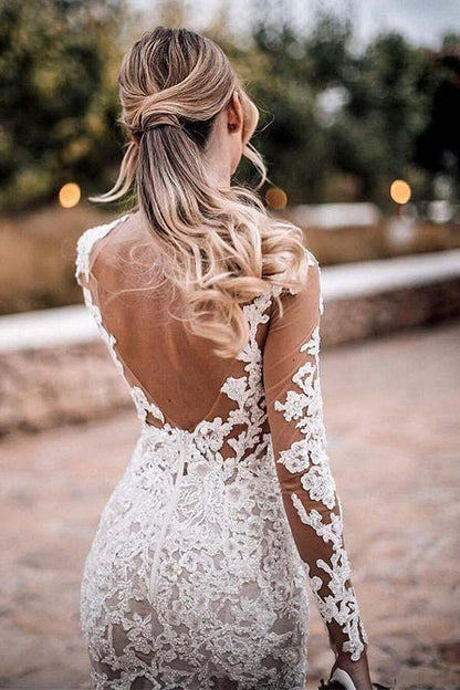 Stunning Lace Appliques See Though Mermaid Rustic Wedding with Sleeves