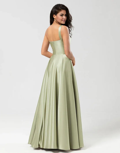 A-Line One Shoulder Satin Green Pleats Satin Bridesmaid Dress with Pockets